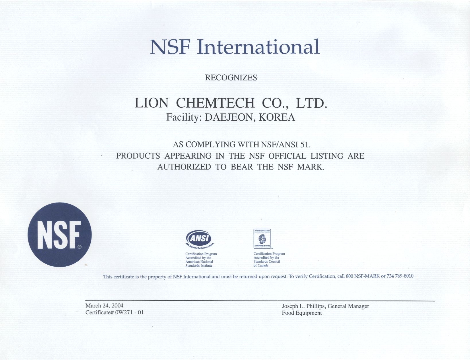 Lion Chemtech Co. Ltd. Conformitatea cu standardele NSF ANSI51